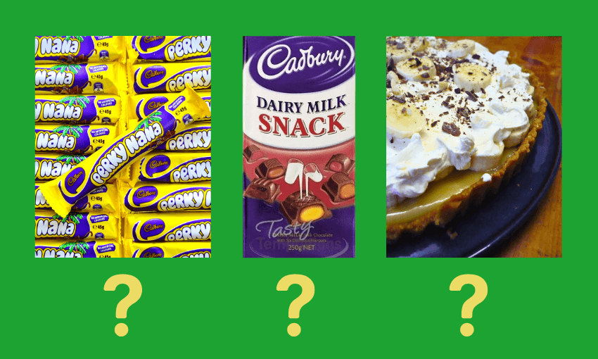 Collage showing Perky Nana bars, a Cadbury Dairy Milk Snack chocolate, and a banana cream pie, each image above a yellow question mark on a green background.