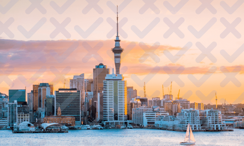 A sailboat on the water in front of Auckland’s skyline at sunset, with the Sky Tower visible and a pattern of translucent X and check marks overlaying the image.