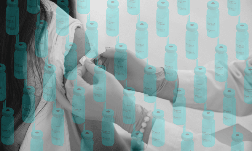 A person receives a vaccine injection in their upper arm from a healthcare worker. Transparent blue vaccine vial icons are overlaid repeatedly across the image.