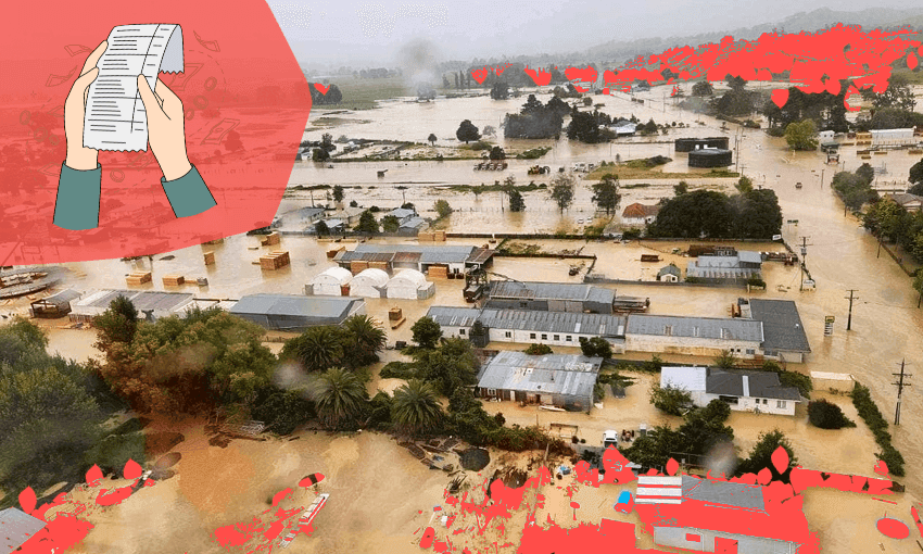 A flooded town with buildings, trees, and roads submerged in muddy water. A graphic of hands holding a long checklist appears in the top-left corner, with red highlights scattered throughout the image.