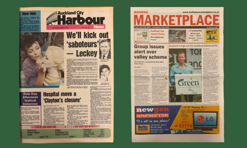 Two New Zealand newspapers are side by side. The left, "Auckland City Harbour News," features a woman holding a koala. The right, "Waiheke Marketplace," shows a crowd at an outdoor event and several colorful advertisements.