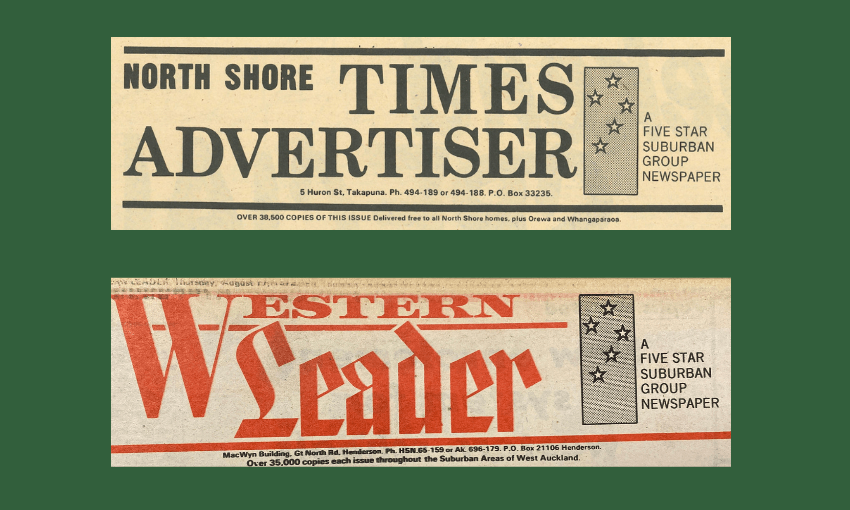 Two newspaper mastheads: "North Shore Times Advertiser" in black and "Western Leader" in red. Both feature a "Five Star Suburban Group Newspaper" logo with three stars on the right side.