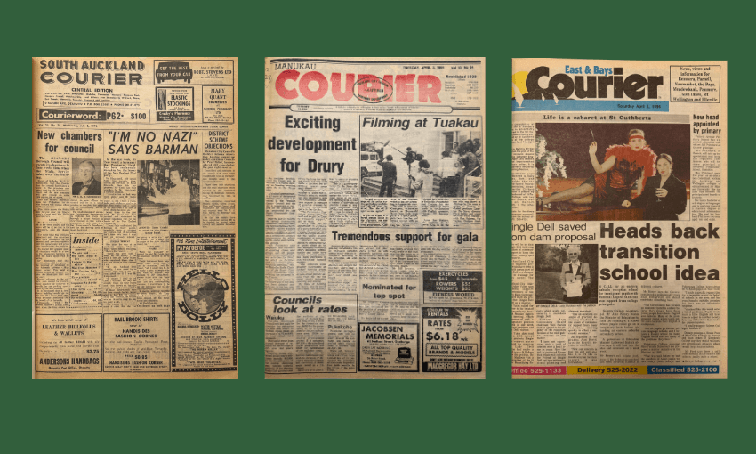 Three vintage newspaper front pages titled "South Auckland Courier," "Manukau Courier," and "East & Bays Courier" displayed side by side on a green background, each showing headlines, photos, and various articles.