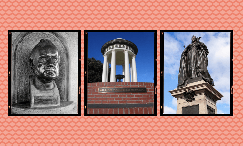The bust of Edward Gibbon Wakefield, the monument to William Wakefield, and the statue of Queen Victoria. (Image: Joel MacManus) 
