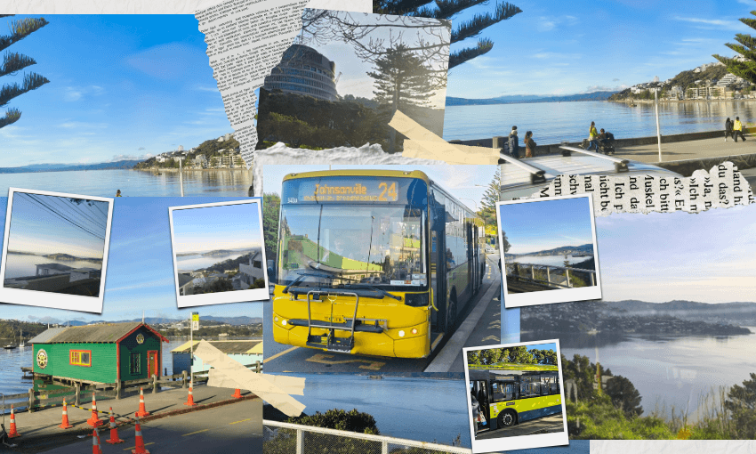 A photo collage of scenes from out a bus window, mostly views of Wellington harbour. A yelloe Metlink bus in the centre.