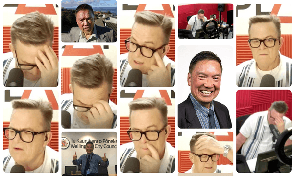 A collage of screenshots of Sean Plunket interviewing Ray Chung
