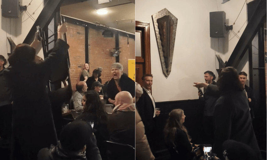 A split photo. 1: a woman holds a folding chair aloft. 2: She points at a man in a suit. 
