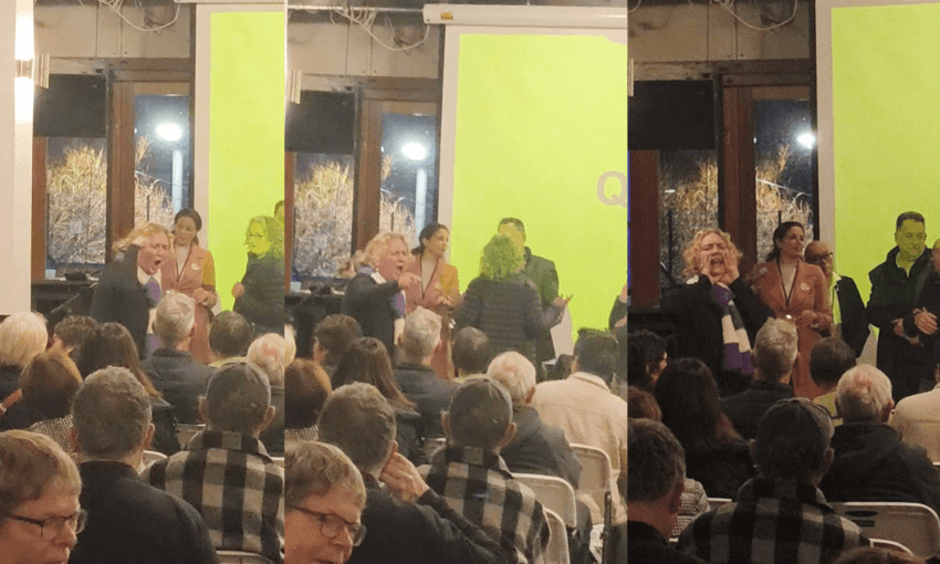 three split photos: a woman yells at a crowd, standing in front of a yellow screen