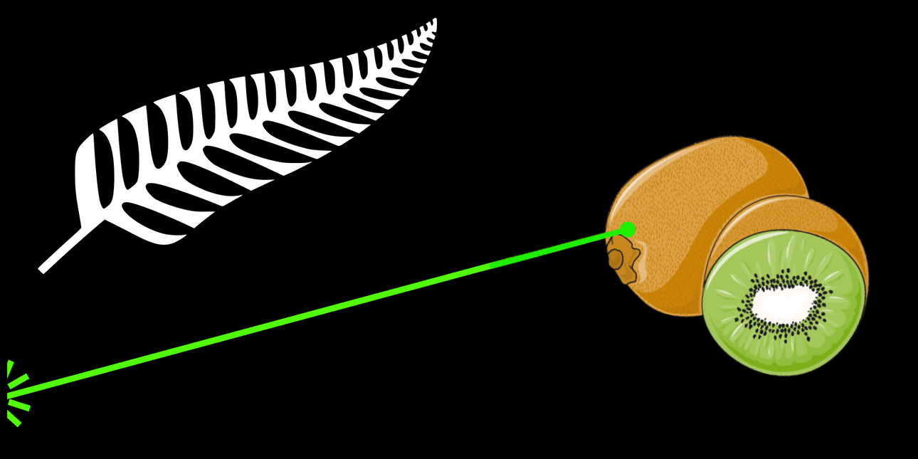 A kiwifruit shooting a green laser, on a black background with a silver fern