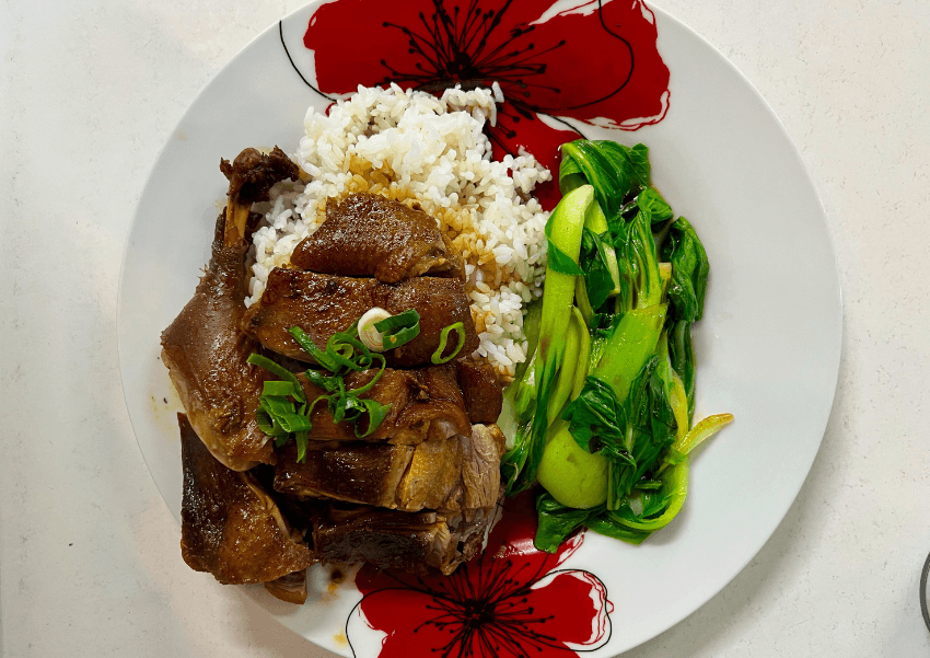 A plate with braised duck garnished with green onions, white rice topped with sauce, and stir-fried bok choy, served on a white dish with red floral patterns.