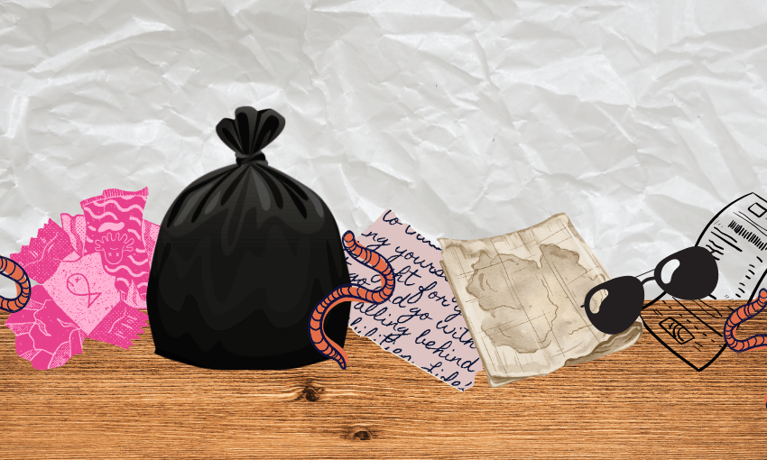 A collection of objects on a bench: a map, a fragment of a letter, sunglasses, rubbish bag, receipt, and lolly wrappers with three earth worms