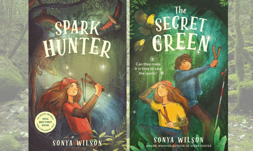 The covers of Sonya Wilson's book Spark Hunter and The Secret Green with a forest background.