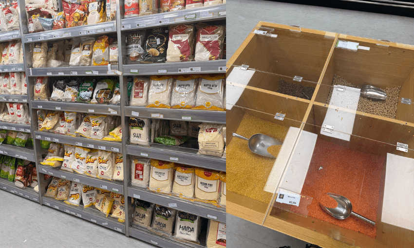 Shelves stocked with various brands of flour and grains in bags on the left; on the right, wooden bins contain bulk grains such as lentils and split peas with metal scoops.