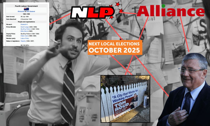 the pepe silva meme with red lines linking Tom Roud, the 2025 elections, Jim Anderton, a wikipedia screenshot of the fourth labour government, the New Labour party and the alliance party