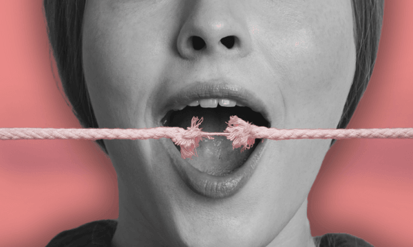 a large open mouth speaking with a frayed rope over top and a salmon pink background