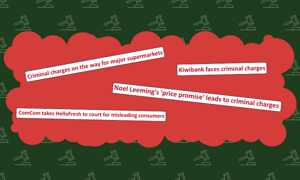 Several headlines about criminal charges and court cases involving companies are displayed over a dark green background with pale gavel icons and a red cloud shape highlighting the headlines.