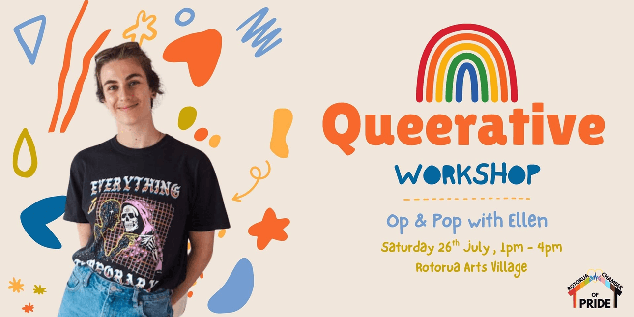 digital banner with image of a person and the words "Queerative workshop"