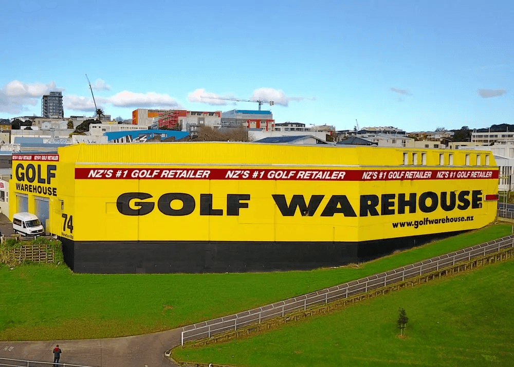 The yellow Golf Warehouse building on Newton Rd, Auckland