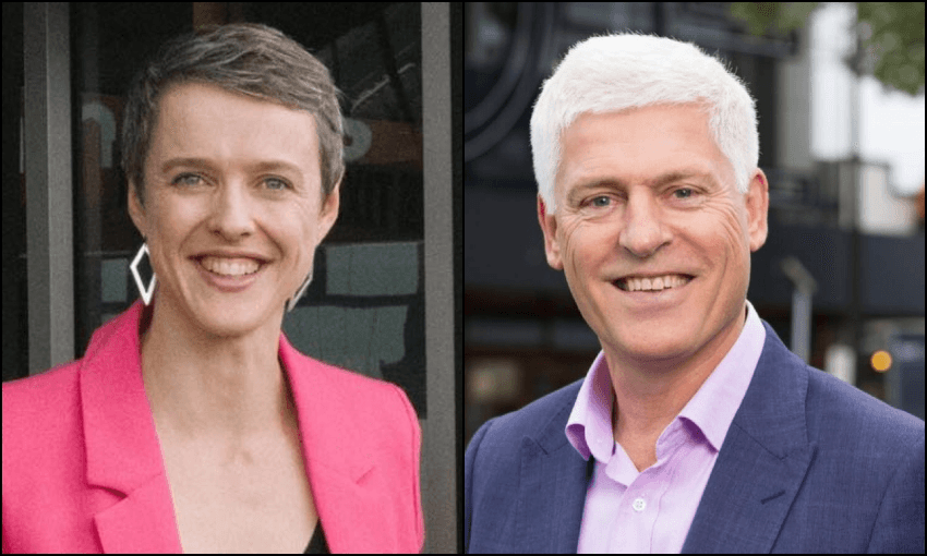A woman with short brown hair in a bright pink blazer and a man with short white hair in a purple blazer and light shirt, both smiling, are shown side by side in a split image.