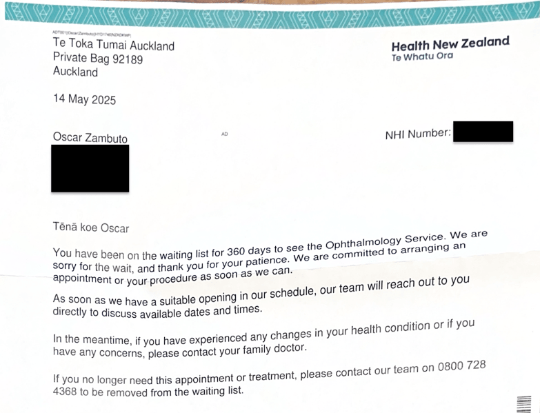 A scan of a letter from Health NZ to the author, detailing that he has been waiting 360 days for an appointment