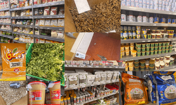 a colourful collage of photos showing shelves and products in an indian supermarket