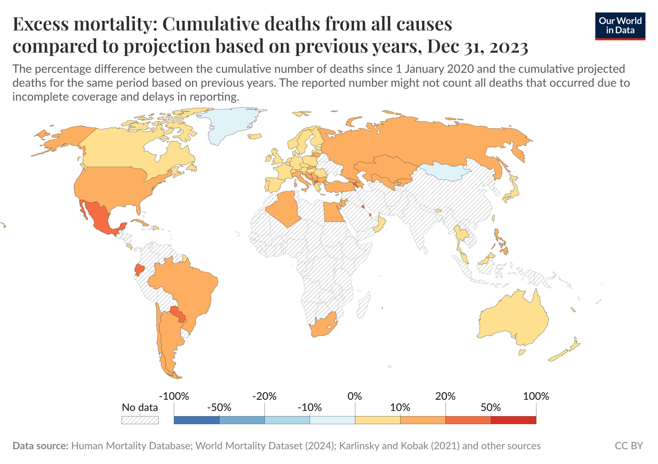 World map showing excess mortality by country from Jan 2020 to Dec 31, 2023, with colors indicating percentage differences in cumulative deaths compared to projections based on previous years. Some regions have missing or incomplete data. New Zealand is coloured in yellow, meaning 0-10% cumulative deaths