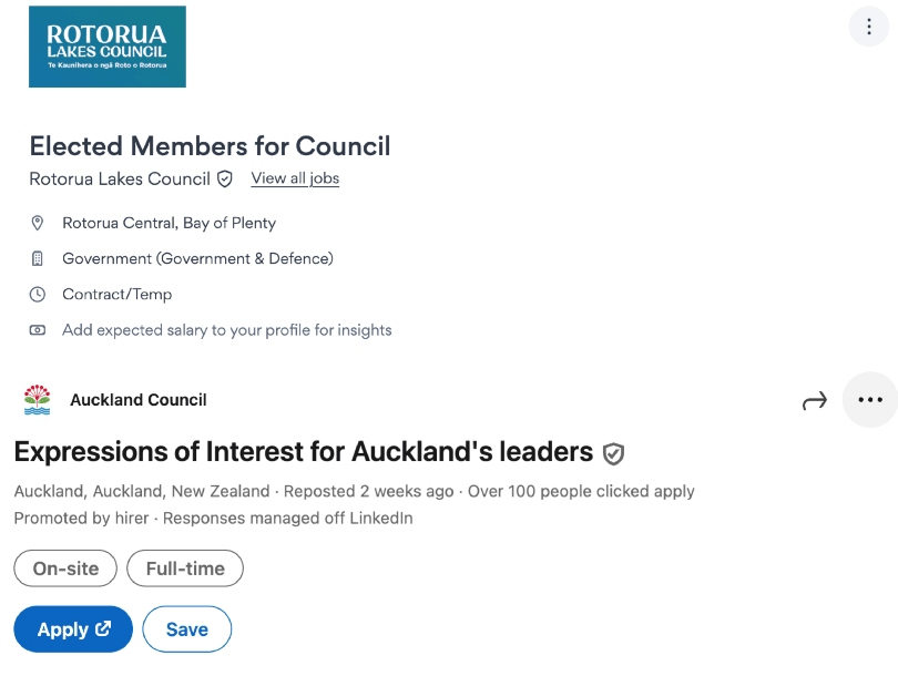 A screenshot showing job listings for local government roles at Rotorua Lakes Council and Auckland Council, with details on locations, job types, and application buttons for each position.
