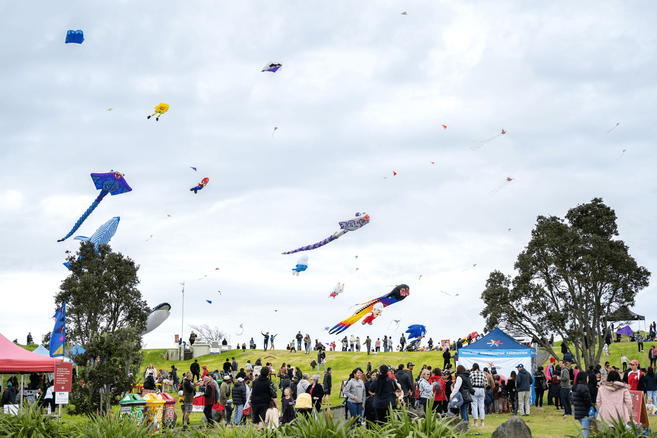 kites flying above a public park
