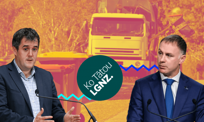 an orange rubbish truck background, simon watts and chris bishop looking atthe LGNZ logo