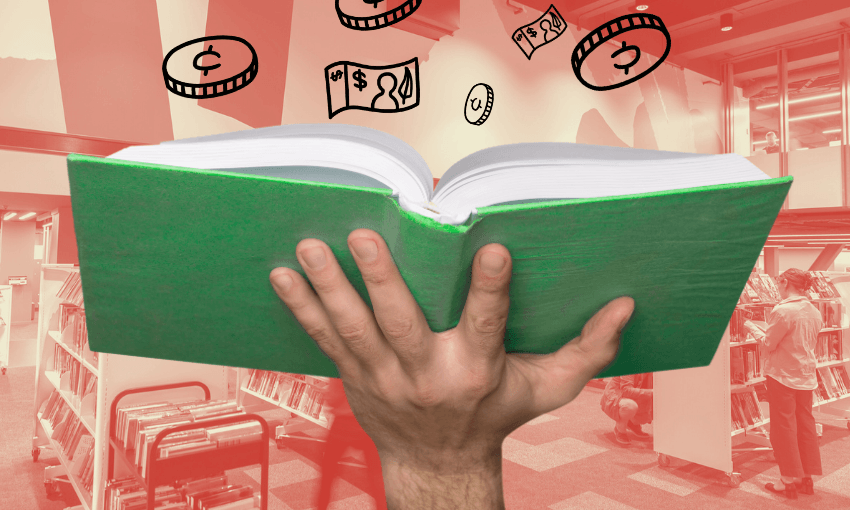 a library background with little images of coins and a hand holding a gree book