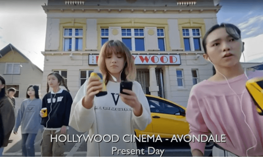 A screenshot from Hollywood Avondale PSA showing modern day Avondale with mostly young AI-generated Asian people.