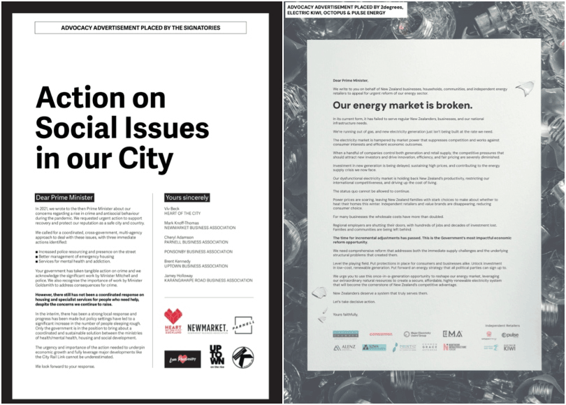 Side-by-side images of advocacy ads: Left—an open letter titled "Action on Social Issues in our City" addressing the Prime Minister, signed by various organizations. Right—an open letter titled "Our energy market is broken," also signed.