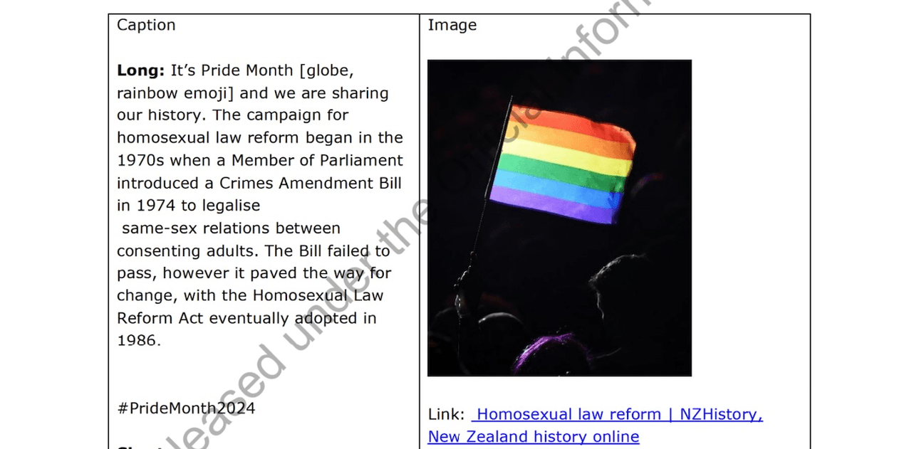 a screenshot of a social media briefing with text explaining some New Zealand homosexual law reform history and a photo of a rainbow flag