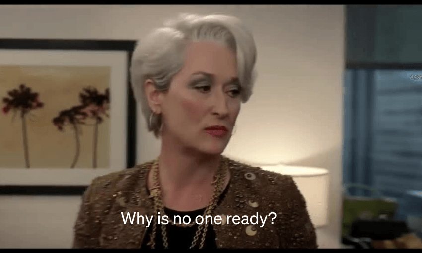 a woman with white hair asks "why is no one ready?"