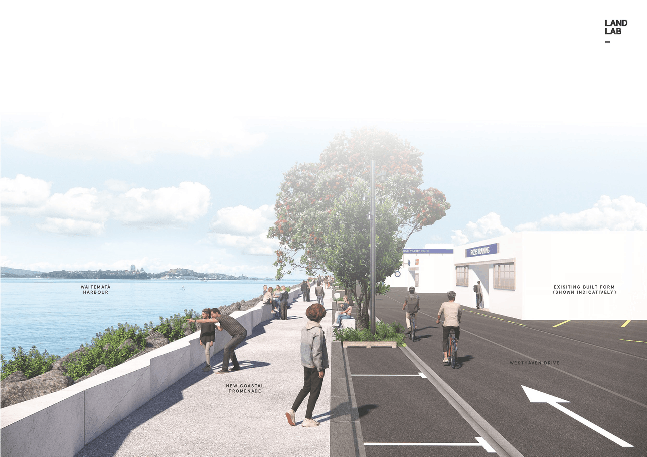 A waterfront promenade features people walking, cycling, and enjoying views of the harbour. Trees line the path, and there is a building labeled "Existing Built Form" on the right. The sea and distant land are visible on the left.