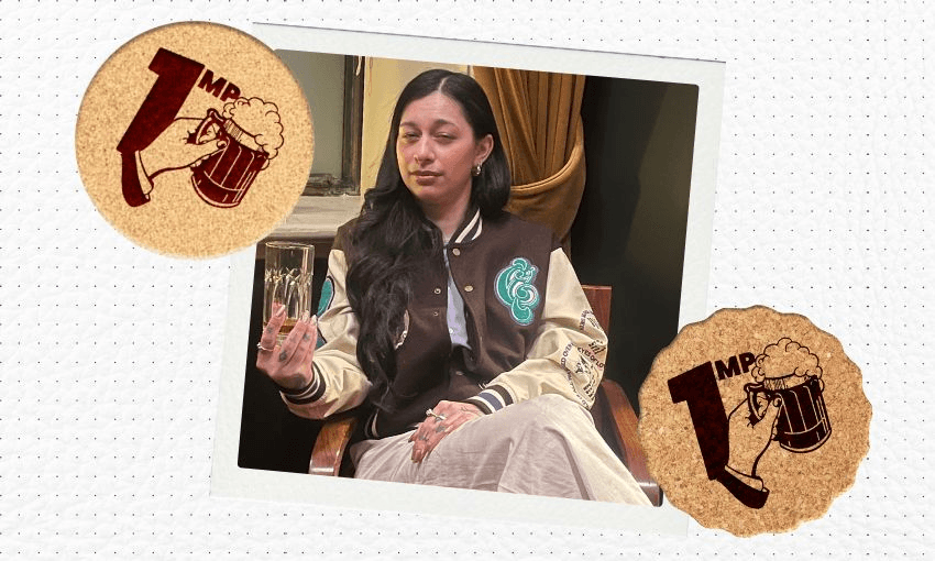 A photo of Tamatha Paul sitting in Pint of Order inside a polaroid frame, with stylised coasters reading "1 MP" next to a hand rising a pint.