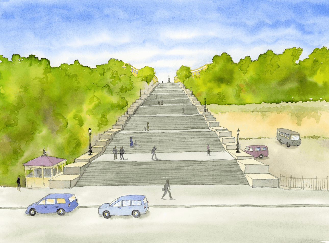 watercolour painting of large, impressive concrete steps stretching in the distance with trees on either side