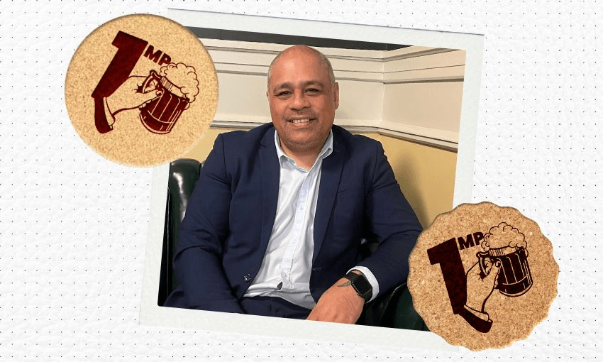 A polaroid frame of Labour MP Peeni Henare, next to two coasters reading "1 MP" with a hand holding a pint.