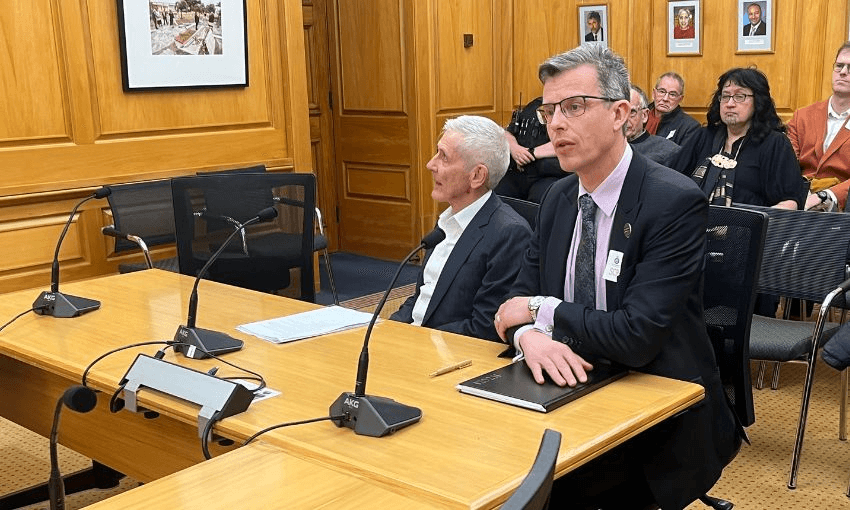 Dr Bryce Wilkinson and Dr Eric Crampton sit at the bench in select committee room 4 to give their oral submission on the RSB.