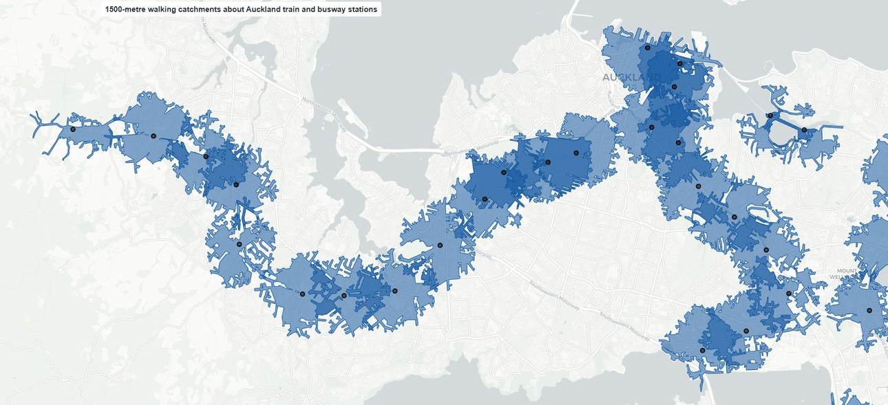 A map showing 1500m walking catchments around Auckland's train stations
