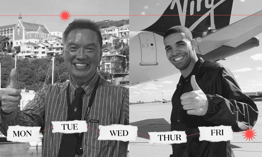 Black and white portraits of Ray Chung and Drake giving a thumbs up and smiling