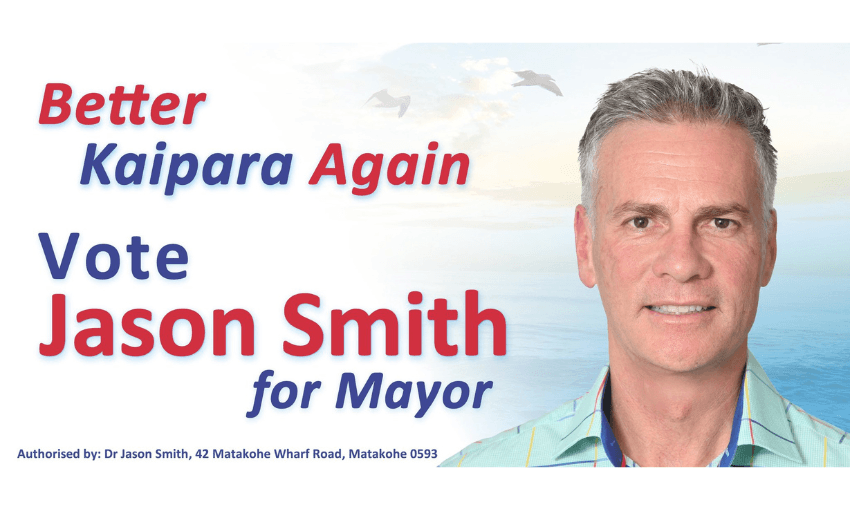 A campaign poster with the text “Better Kaipara Again. Vote Jason Smith for Mayor” next to a man in a blue checked shirt, with a seaside background and flying birds. The poster is authorized by Dr. Jason Smith.
