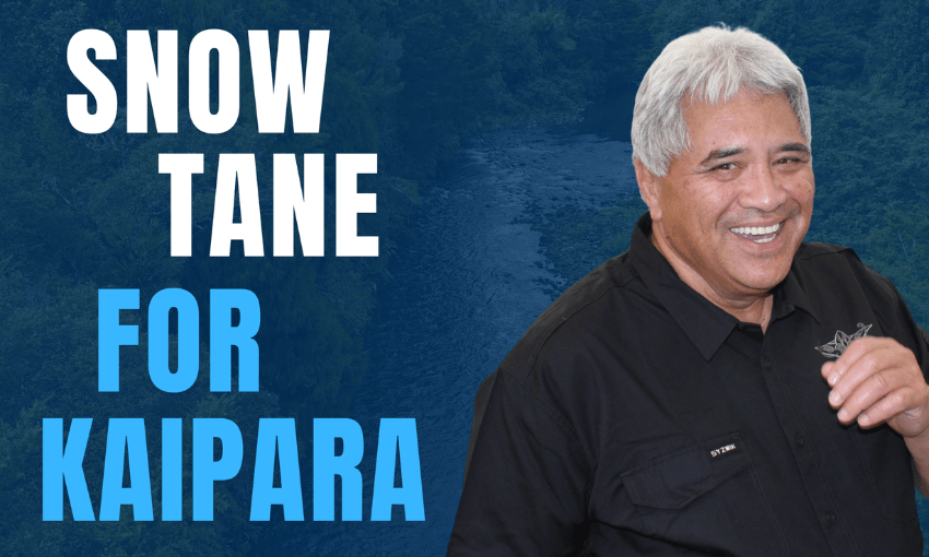 A smiling man with gray hair stands in front of a river background. Large bold text on the left reads: "SNOW TANE FOR KAIPARA" in white and blue letters.