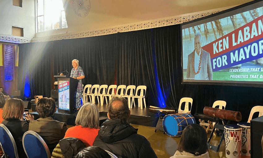Winnie Laban speaks at the launch event for her brother Ken Laban's mayoral campaign.