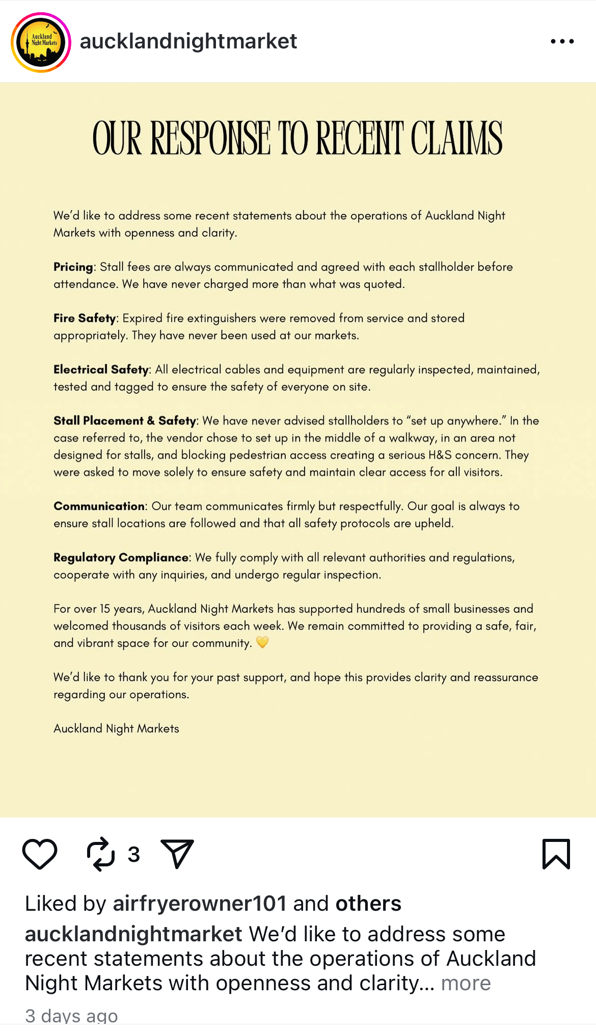 An Instagram post from Auckland Night Markets responding to the allegations.