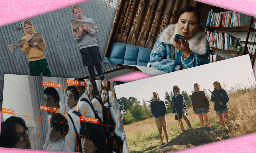 A collage of four scenes: two kids holding fish, a woman on the phone with books behind her, students seen through a surveillance screen, and five teens standing in a grassy field near a mound of earth.