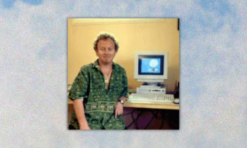 an insanely blurry low resolution photo of dave dobbyn posing with a desktop computer in what is unmistakably the mid 1990s