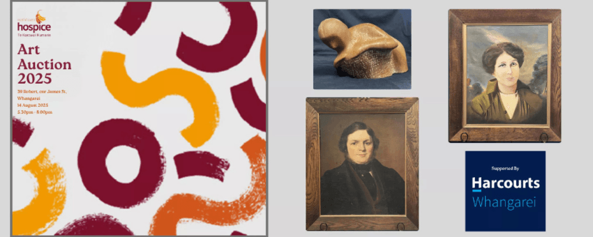 A banner for an art auction showing oil paintings and sculpture.