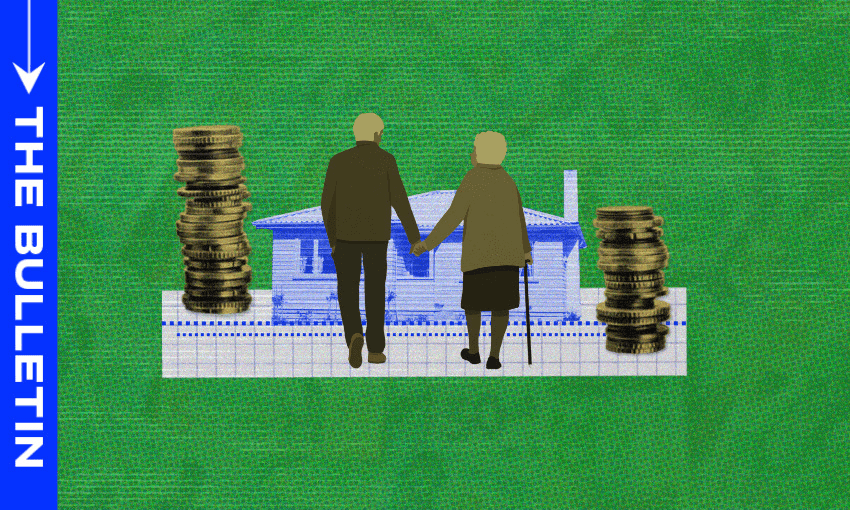 Two older adults holding hands stand in front of a house, flanked by large stacks of coins on both sides, with a green textured background and "The Bulletin" in white text on a blue sidebar.
