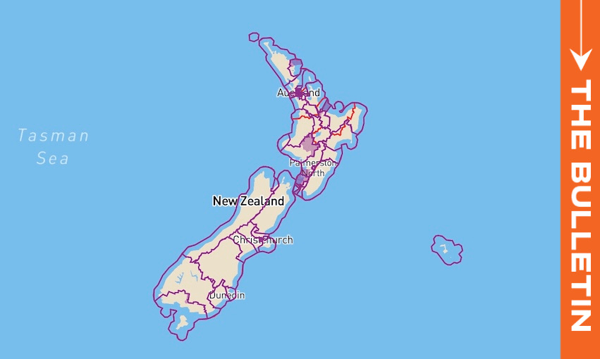 A map of New Zealand showing major cities and outlined regions, surrounded by blue ocean, with an orange sidebar on the right labeled "THE BULLETIN.